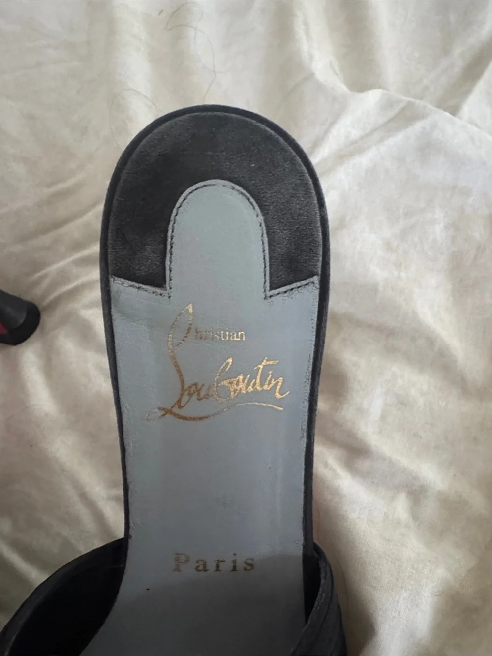 Christian Louboutin Black Leather Heeled Sandals with Signature Red Soles - Picture 4 of 8